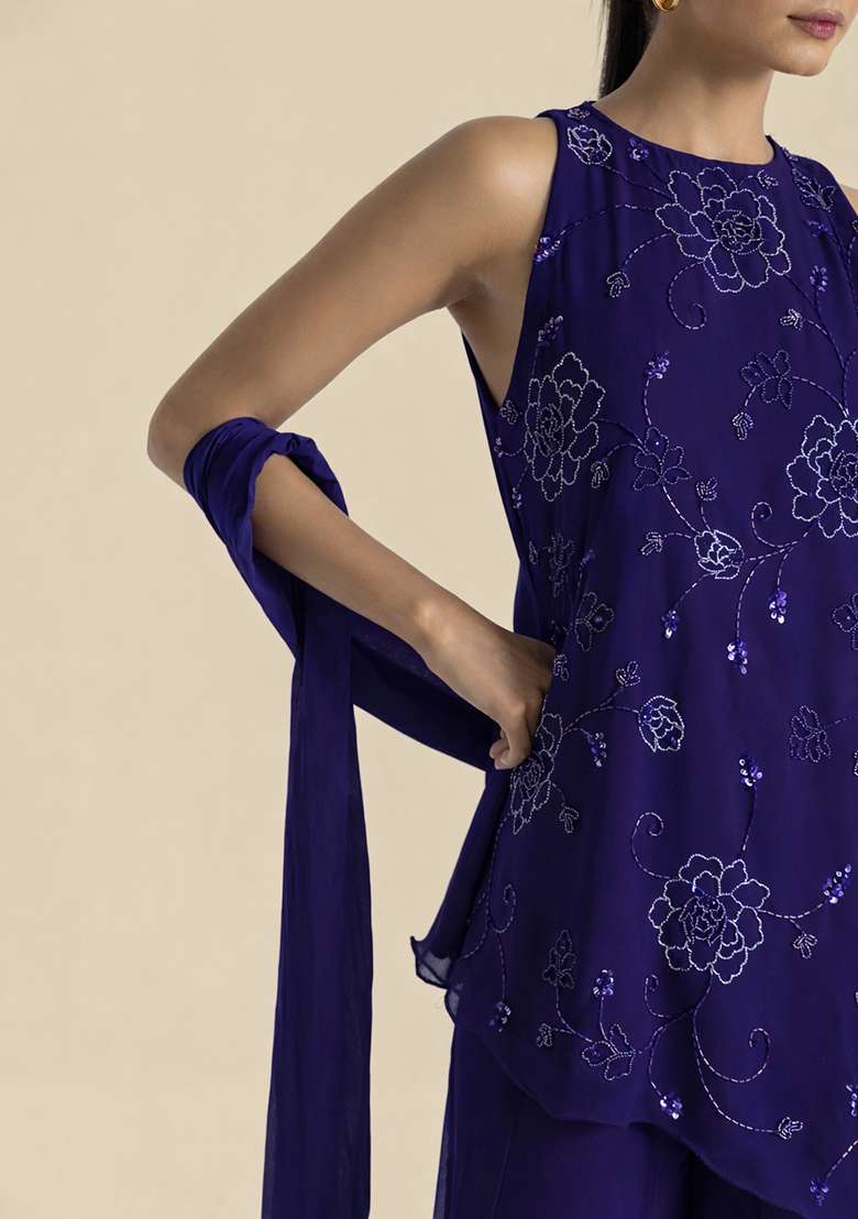 Royal Purple Handwork Goergette Sharara Set - Indya