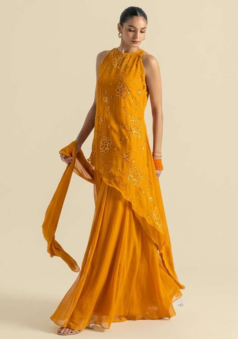 Mustard Handwork Goergette Sharara Set - Indya