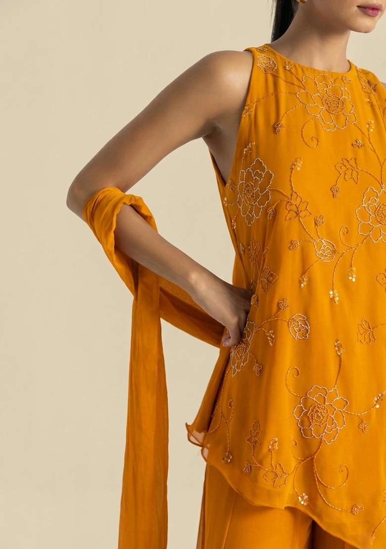 Mustard Handwork Goergette Sharara Set - Indya
