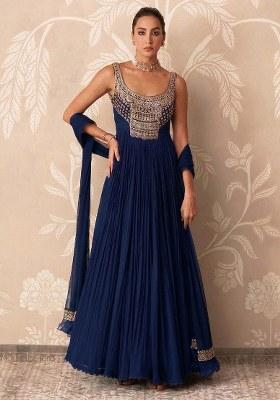 Navy Blue Handwork Goergette Anarkali With Dupatta