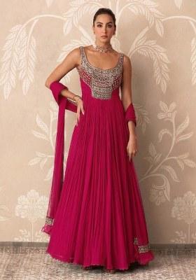 Rani Pink Handwork Goergette Anarkali With Dupatta