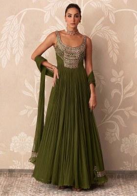 Olive Green Handwork Goergette Anarkali With Dupatta