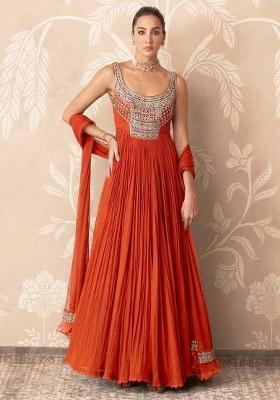 Rust Handwork Goergette Anarkali With Dupatta