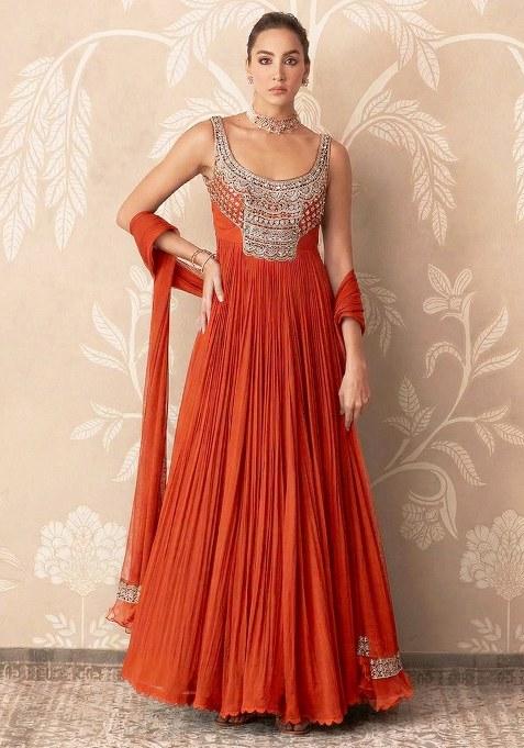 Rust Handwork Goergette Anarkali With Dupatta