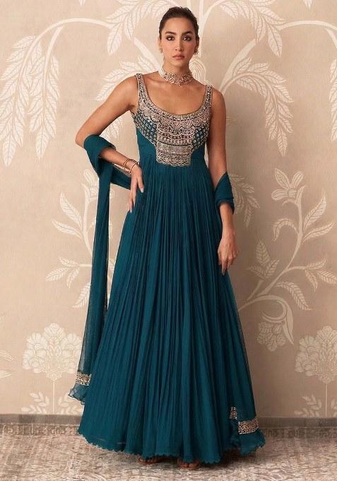 Teal Green Handwork Goergette Anarkali With Dupatta