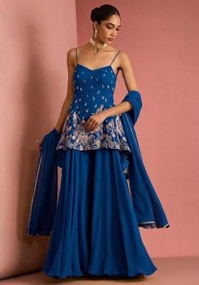 Teal Blue Handwork Goergette Sharara Set