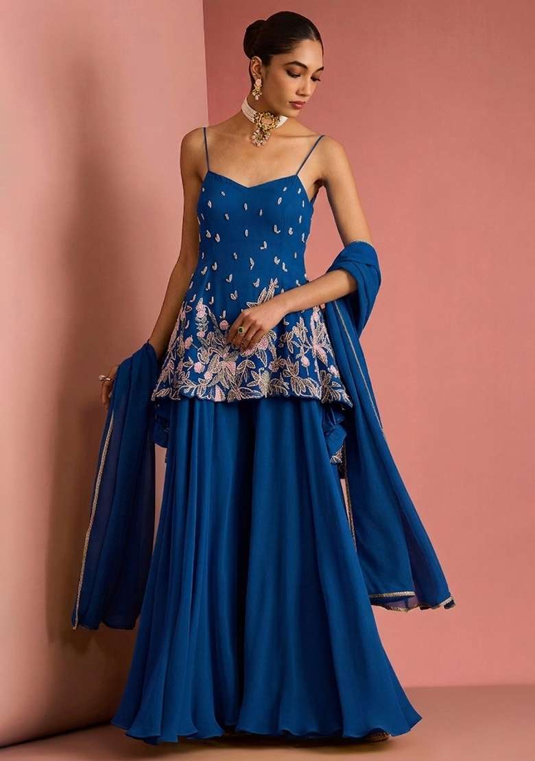 Teal Blue Handwork Goergette Sharara Set - Indya