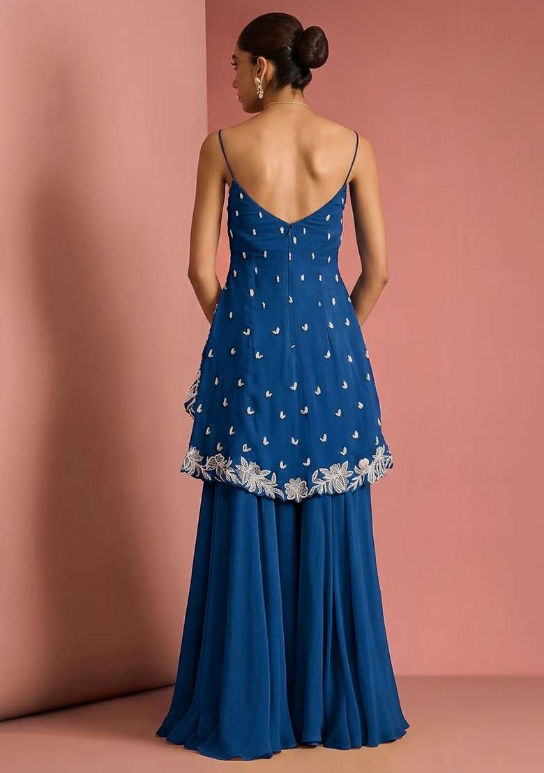 Teal Blue Handwork Goergette Sharara Set - Indya