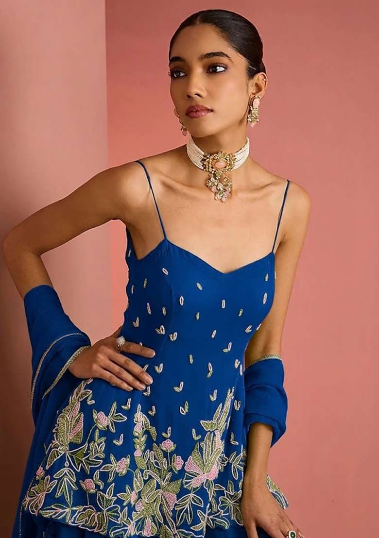 Teal Blue Handwork Goergette Sharara Set - Indya
