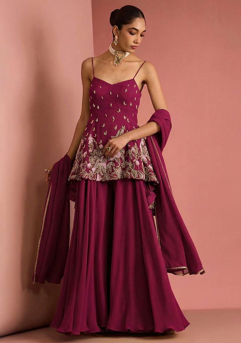 Wine Handwork Goergette Sharara Set - Indya