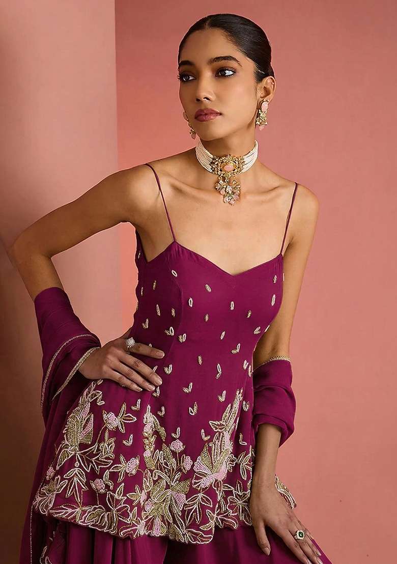 Wine Handwork Goergette Sharara Set - Indya