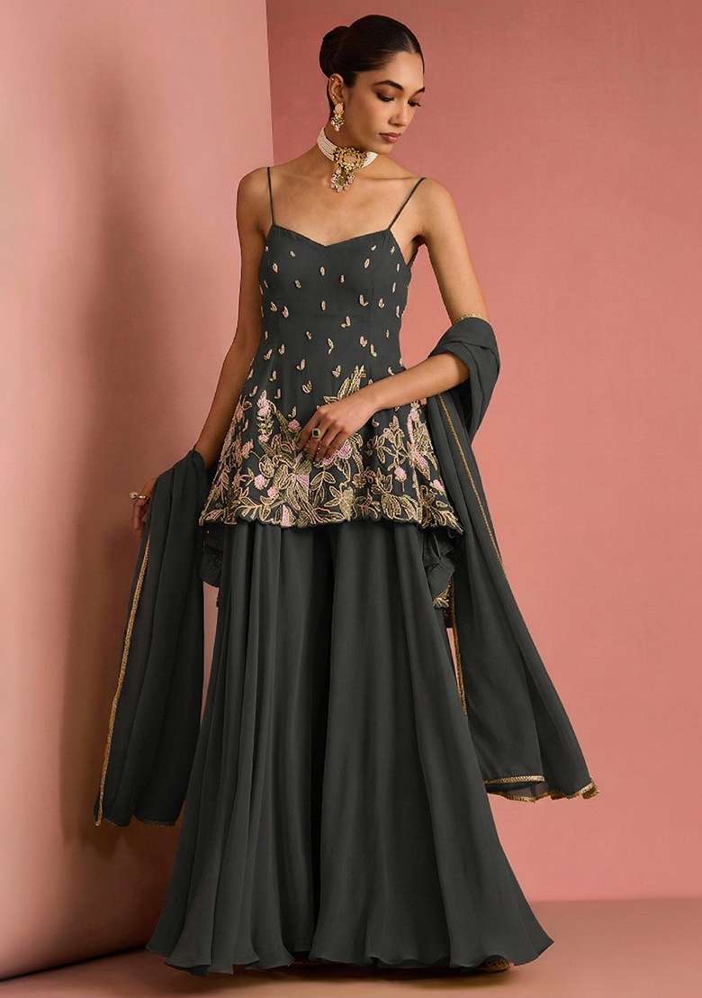 Grey Handwork Goergette Sharara Set - Indya
