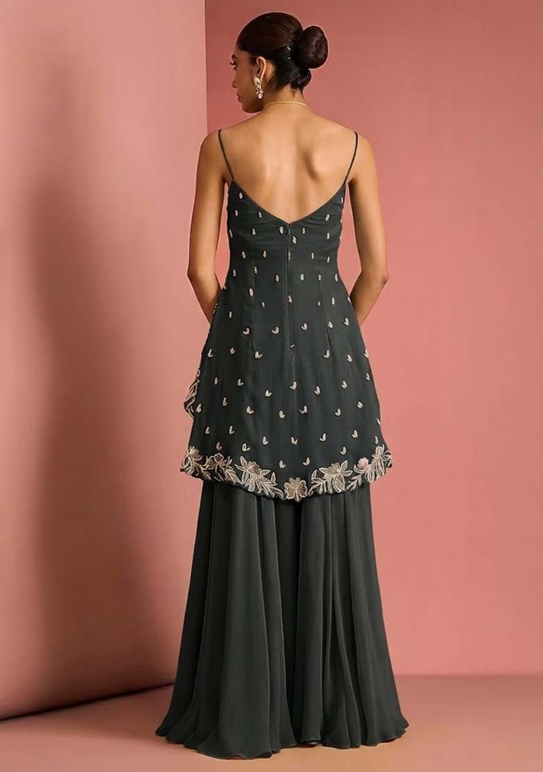 Grey Handwork Goergette Sharara Set - Indya