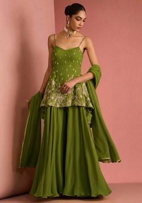 Olive Green Handwork Goergette Sharara Set