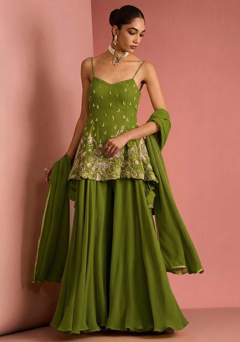 Olive Green Handwork Goergette Sharara Set - Indya