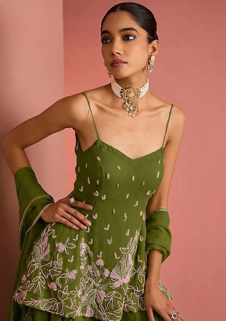 Olive Green Handwork Goergette Sharara Set - Indya