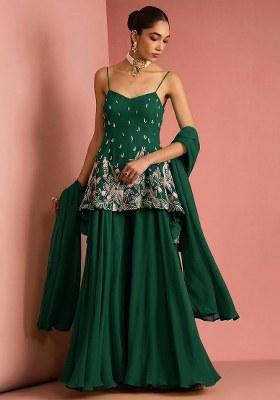 Dark Green Handwork Goergette Sharara Set