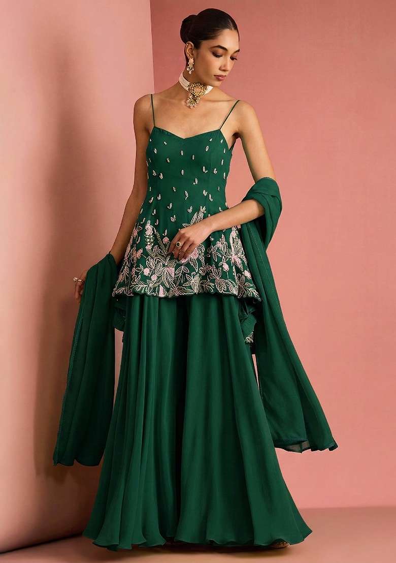 Dark Green Handwork Goergette Sharara Set - Indya