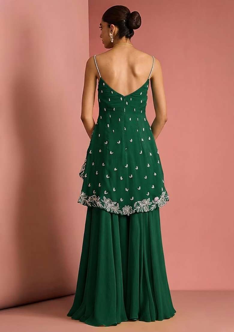 Dark Green Handwork Goergette Sharara Set - Indya