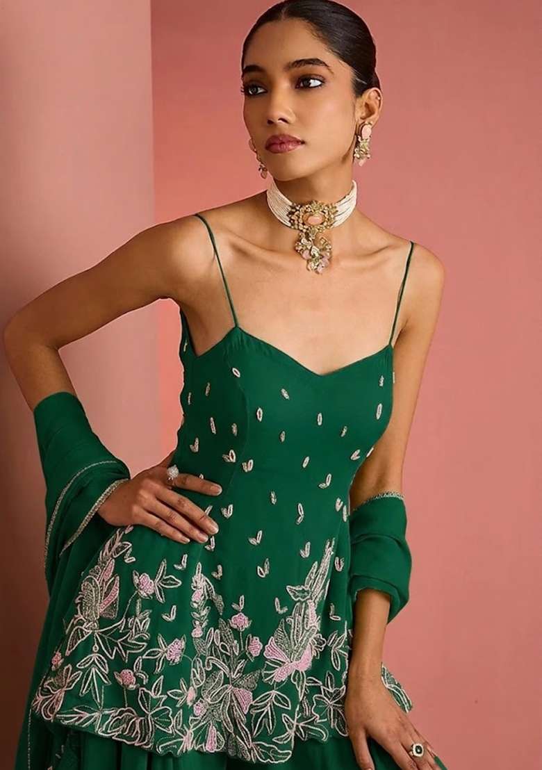 Dark Green Handwork Goergette Sharara Set - Indya