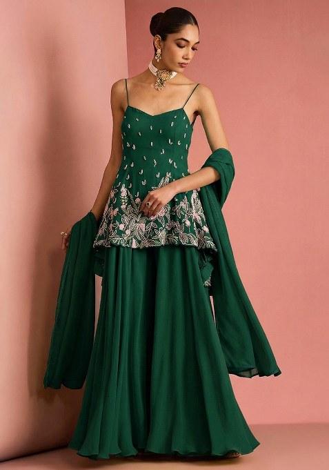 Dark Green Handwork Goergette Sharara Set
