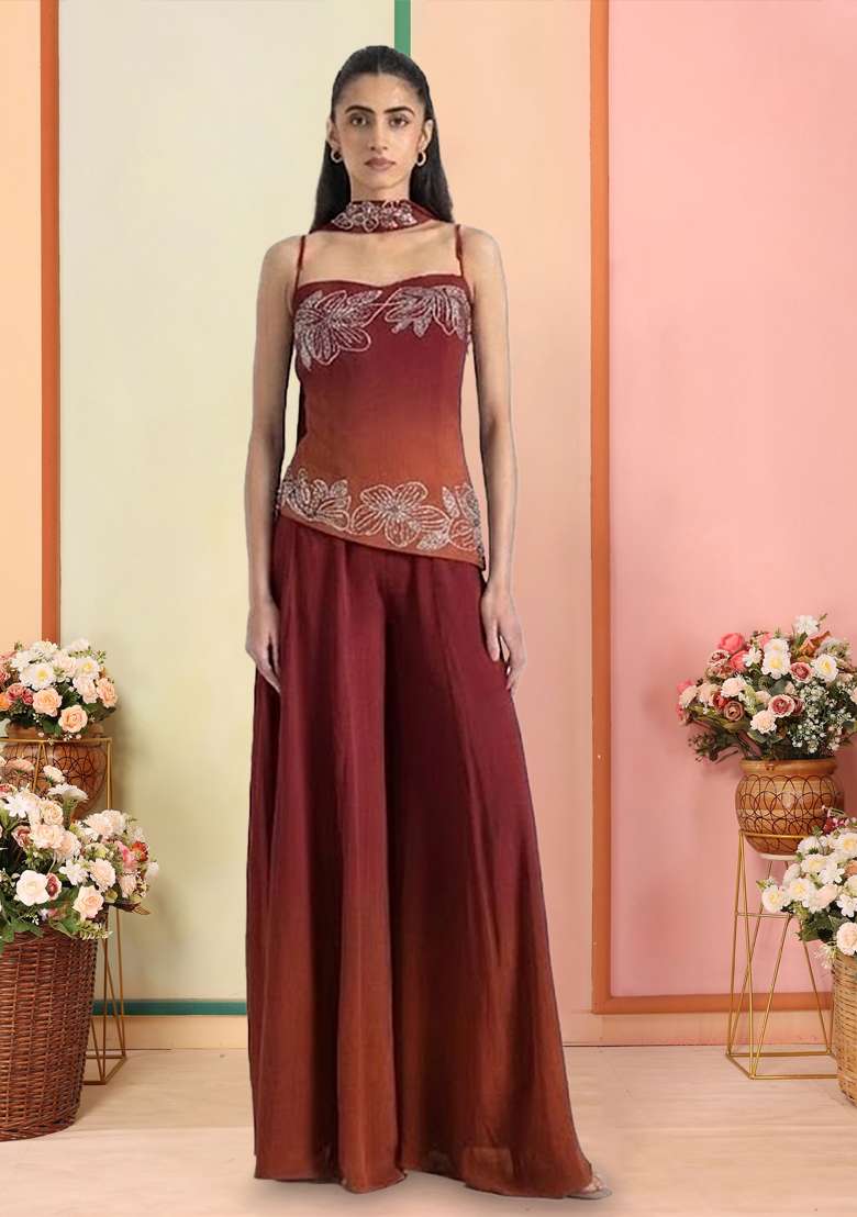 Rust Red Hand Work Georgette  Sharara Set - Indya