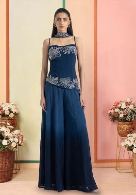 Midnight Blue Hand Work Georgette  Sharara Set