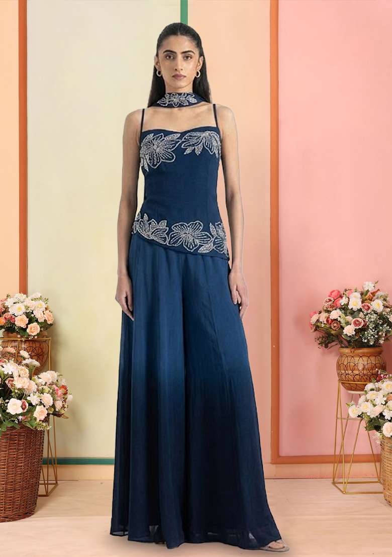Midnight Blue Hand Work Georgette  Sharara Set - Indya