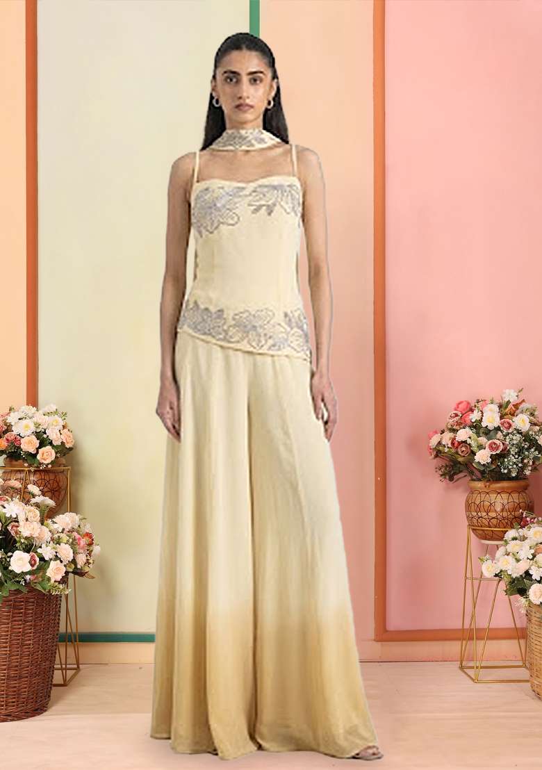 Pastel Yellow Hand Work Georgette  Sharara Set - Indya