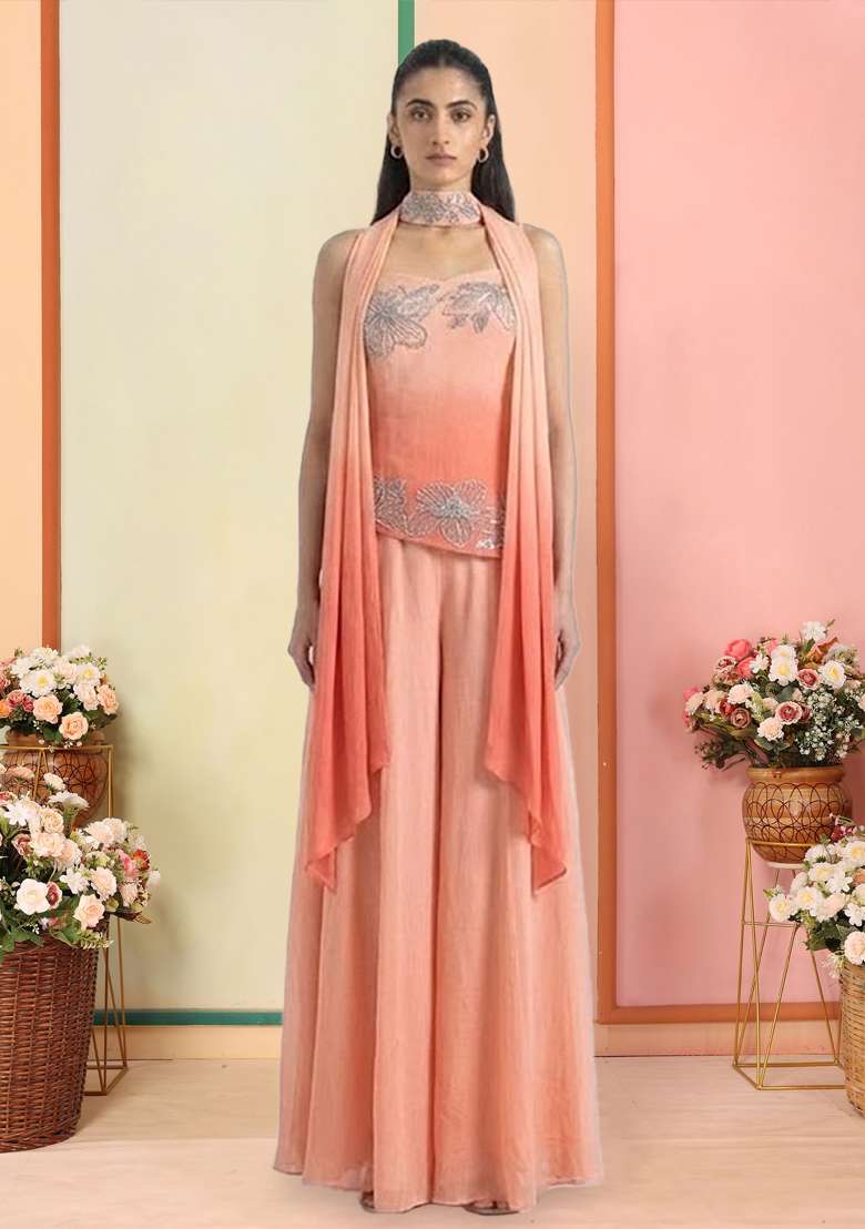 Coral Hand Work Georgette  Sharara Set - Indya