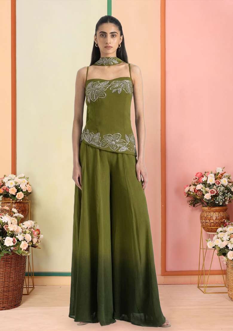 Olive Green Hand Work Georgette  Sharara Set - Indya