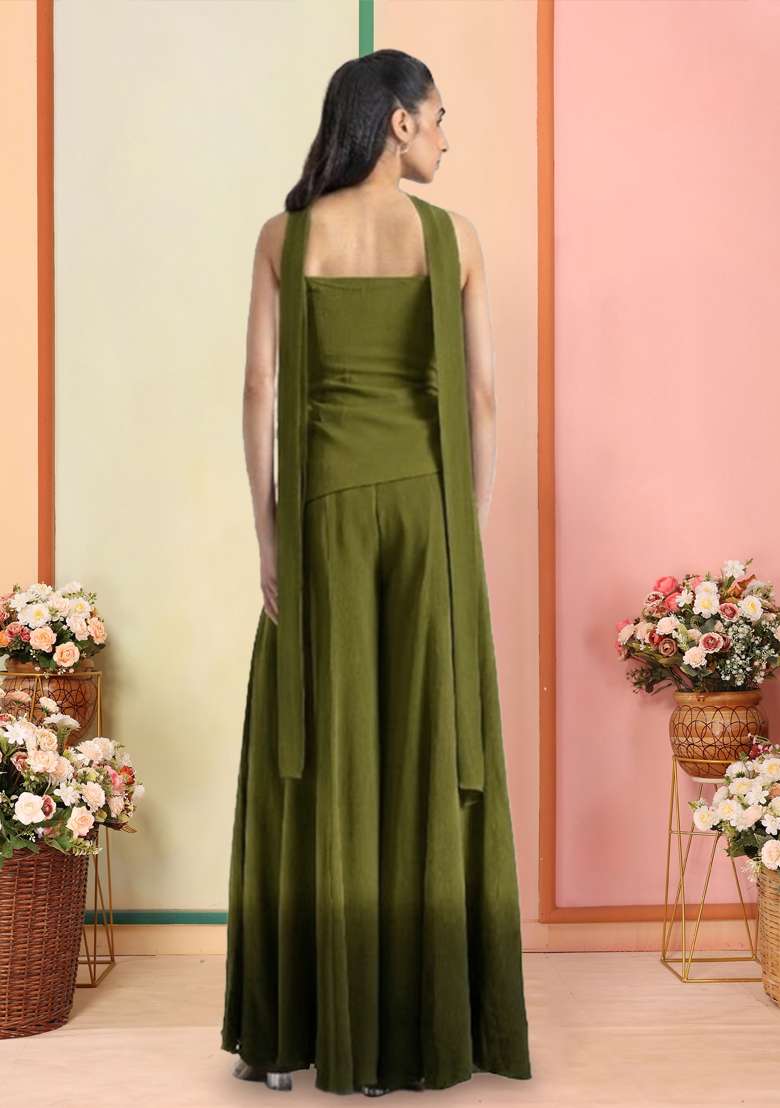 Olive Green Hand Work Georgette  Sharara Set - Indya