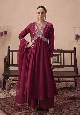 Wine Handwork Crepe Anarkali Set