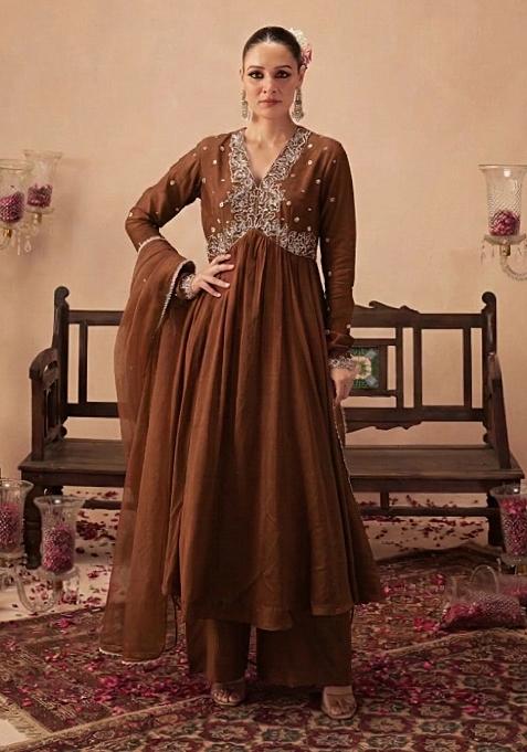Brown Handwork Crepe Anarkali Set