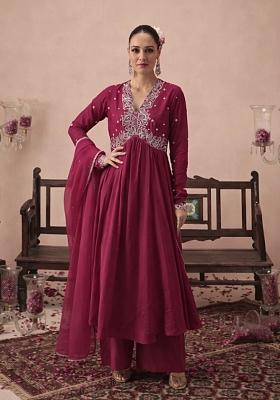 Rani Pink Handwork Crepe Anarkali Set