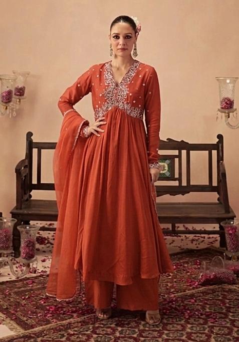 Burnt Orange Handwork Crepe Anarkali Set