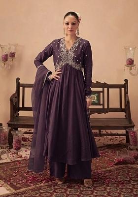 Purple Handwork Crepe Anarkali Set