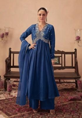 Royal Blue Handwork Crepe Anarkali Set
