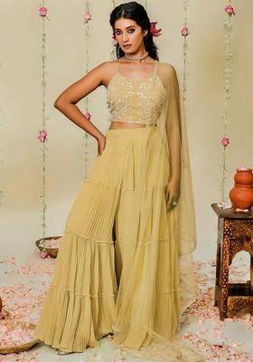 Mustard Yellow Hand Work Georgette Sharara Set