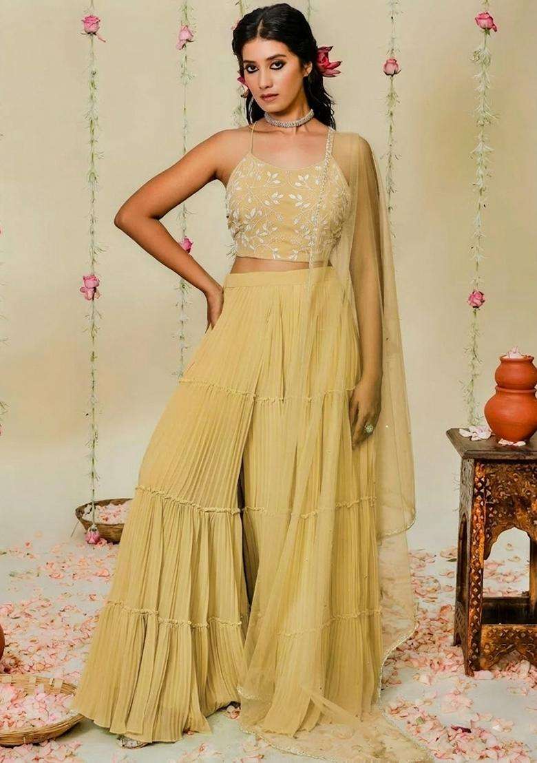 Mustard Yellow Hand Work Georgette Sharara Set - Indya