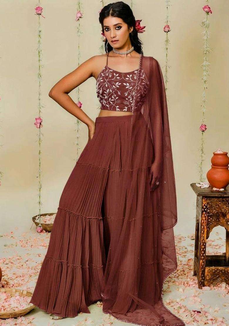 Brown Hand Work Georgette Sharara Set - Indya