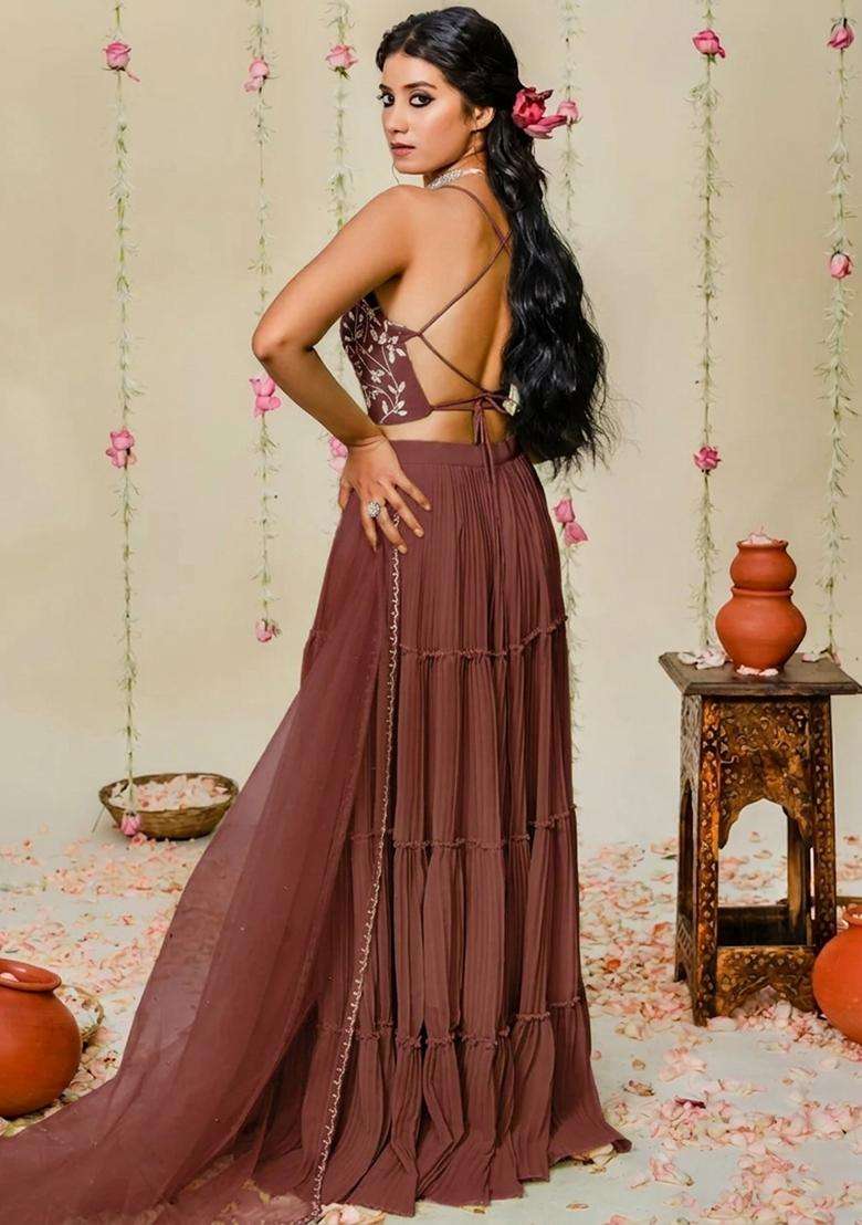 Brown Hand Work Georgette Sharara Set - Indya