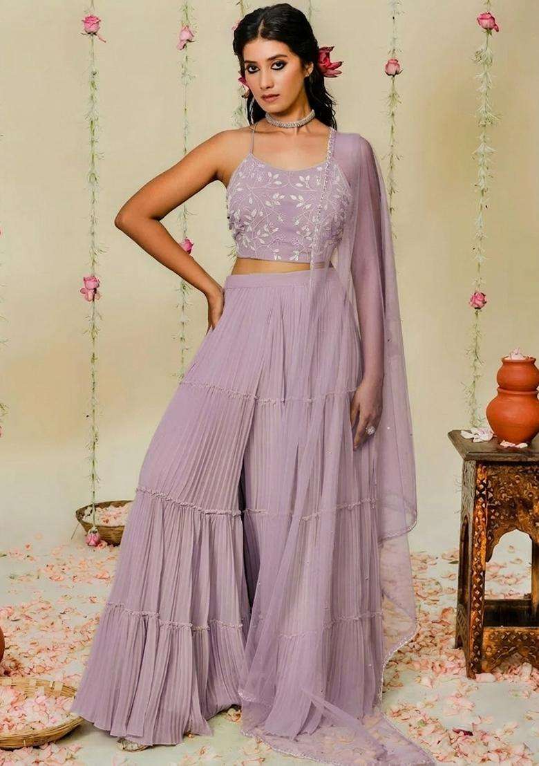Lilac Hand Work Georgette Sharara Set - Indya