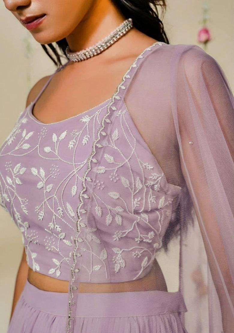 Lilac Hand Work Georgette Sharara Set - Indya