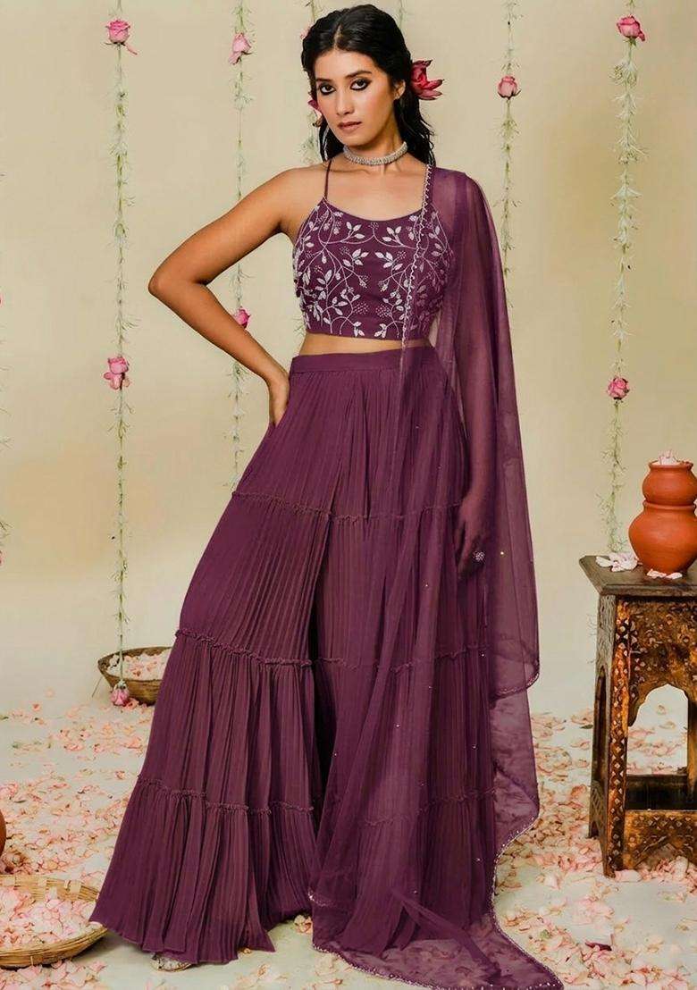 Purple Hand Work Georgette Sharara Set - Indya