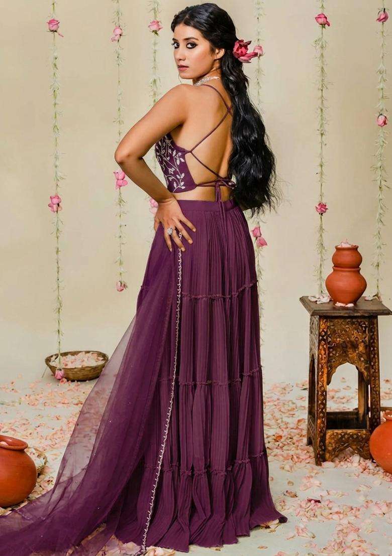 Purple Hand Work Georgette Sharara Set - Indya