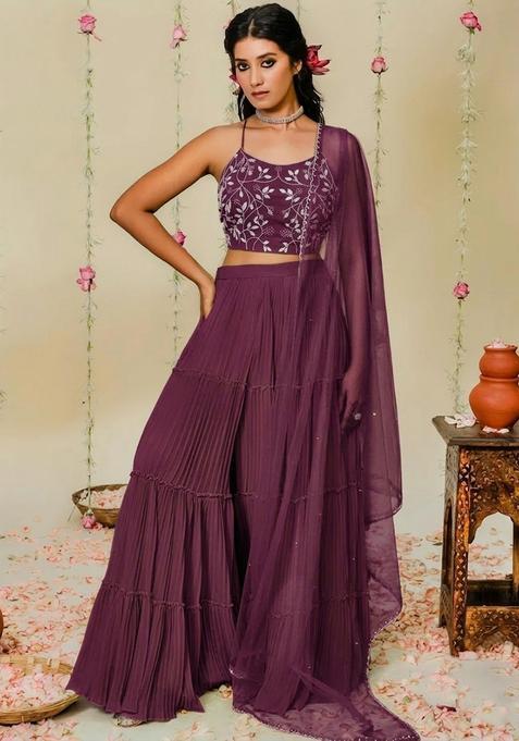 Purple Hand Work Georgette Sharara Set