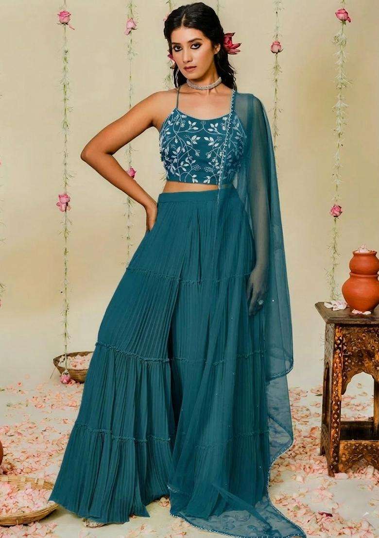 Teal Blue Hand Work Georgette Sharara Set - Indya