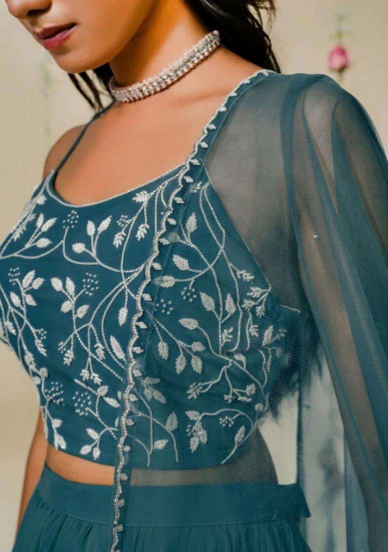 Teal Blue Hand Work Georgette Sharara Set - Indya