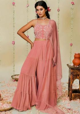 Rose Pink Hand Work Georgette Sharara Set
